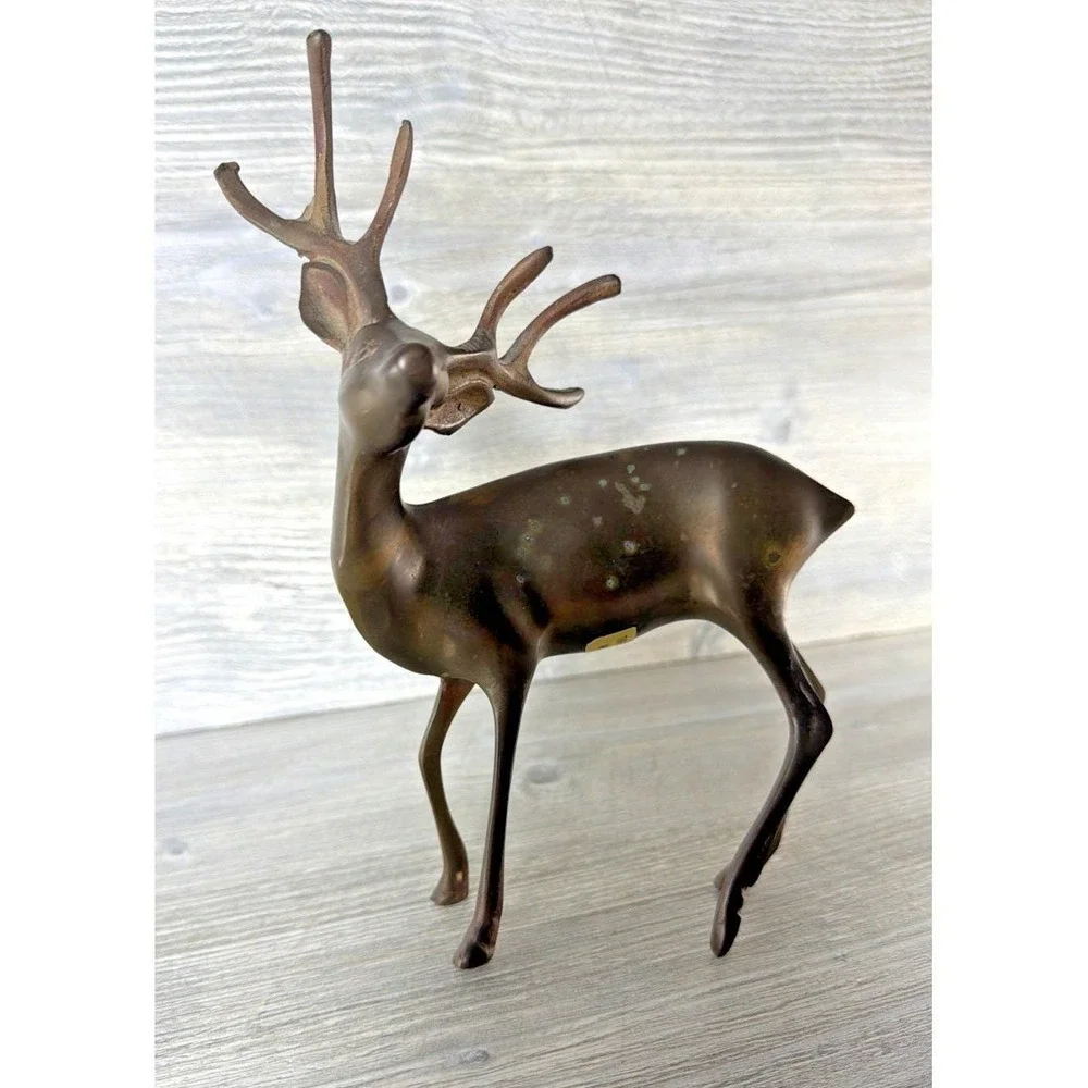 Vtg Brass Buck Deer Stag Figure Reindeer MCM 6 Point Antlers Animal 9" Korea - Picture 2 of 12
